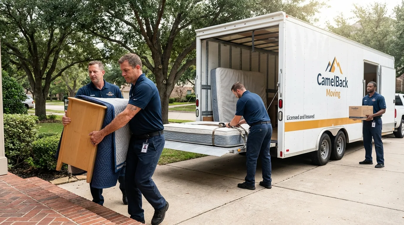 Crew loading residential truck for cross-state move from Lake City, IA