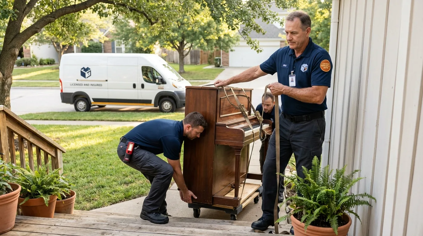 Licensed piano movers securing grand piano in Lake City, IA