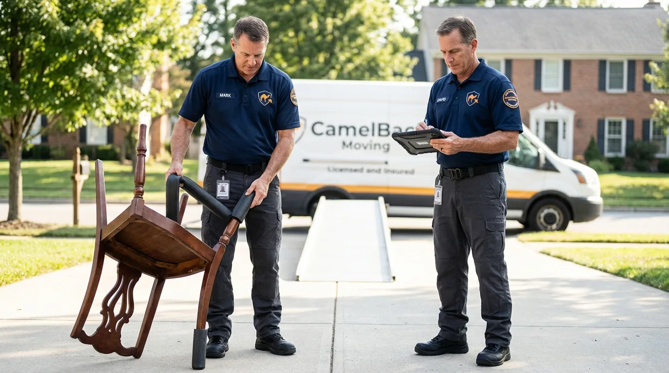 Movers inspecting furniture for damage prevention before loading in Lake City, IA