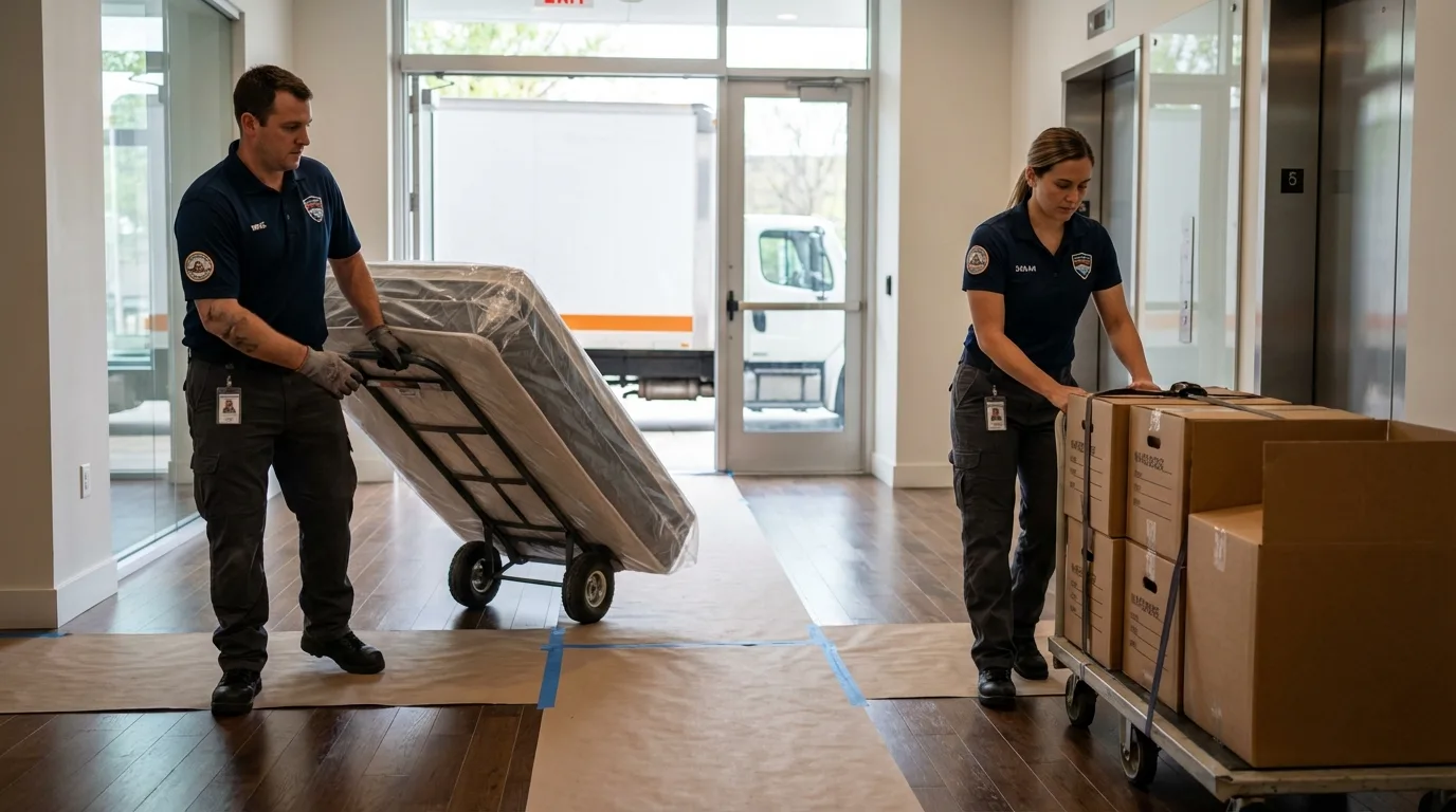 Professional apartment movers loading elevator in Lake City, IA