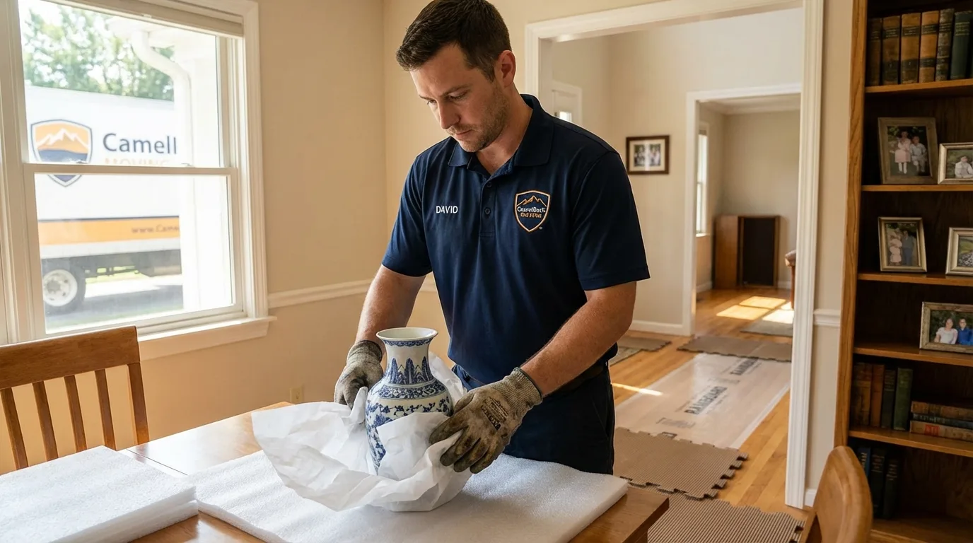 Professional crew carefully wrapping antique vase for senior downsizing move in Lake City, IA