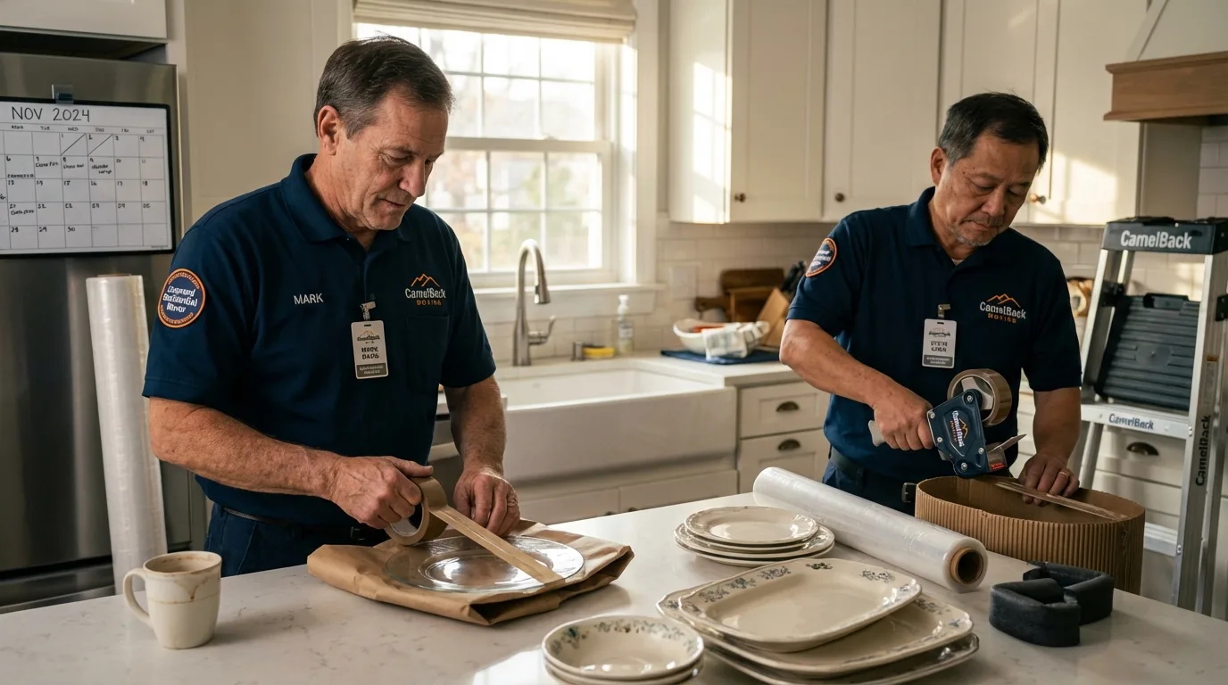 Professional crew packing kitchen dishware in Lake City, IA